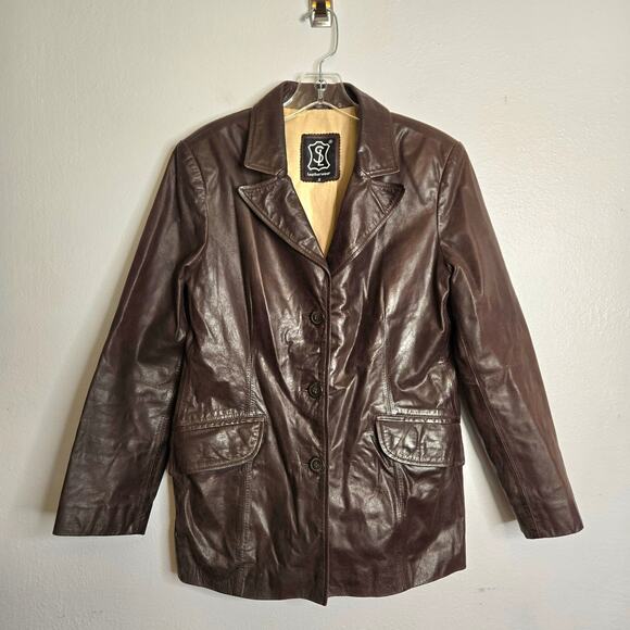 Vintage Chocolate Brown Leather Jacket Notched Lapel Button Front Coat S Classic - Picture 1 of 15